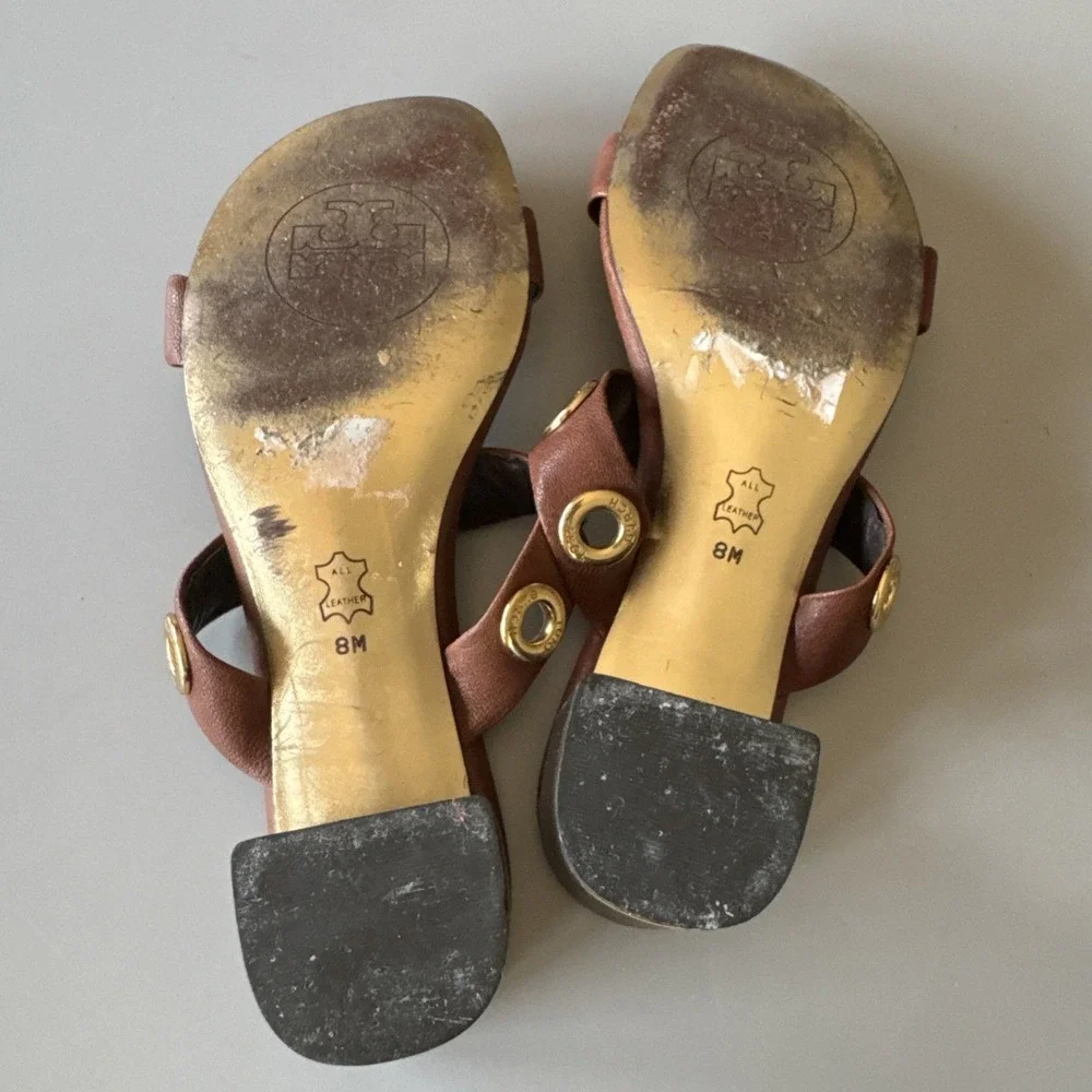 Tory Burch brown Slip On sandals Gold Trim Rivets women's 8 M